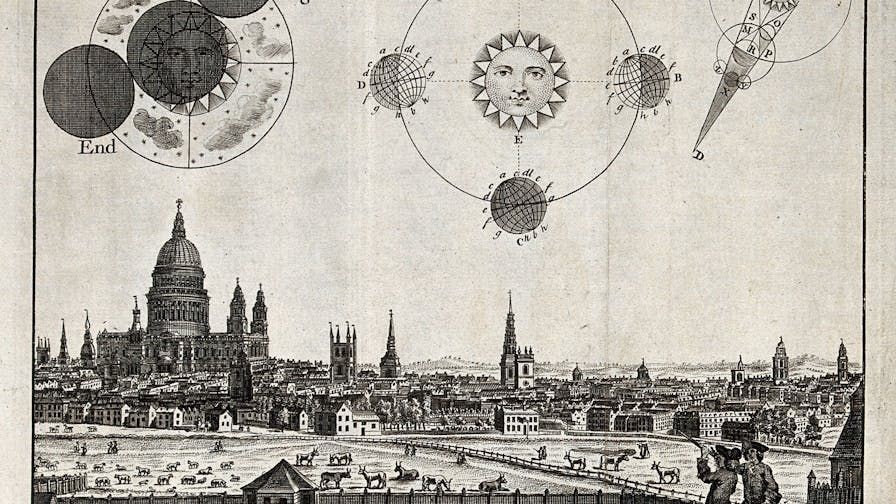 Astronomy: a view of London in 1748, with diagrams of an eclipse. Engraving