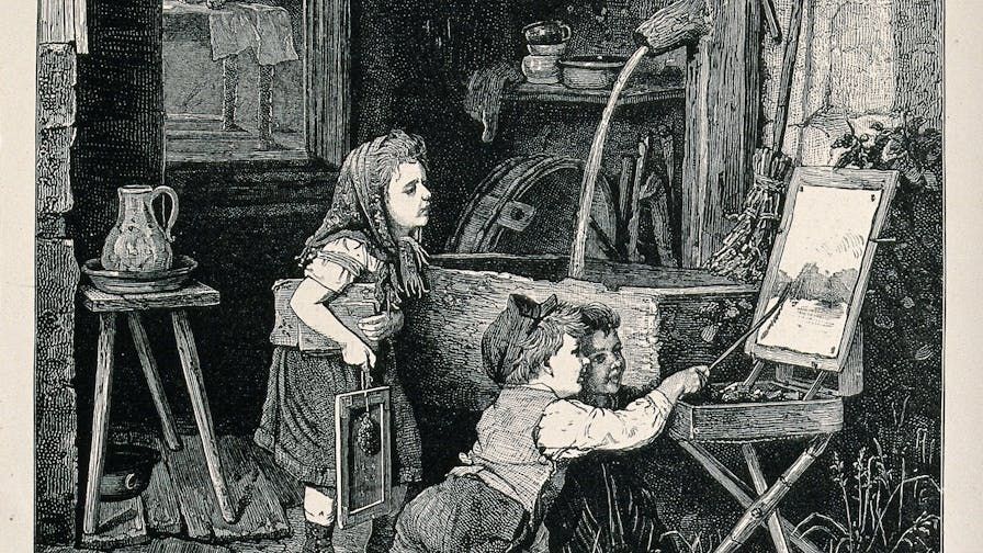 As two adults talk in a back room, a child attempts to add to a painting on its easel, while two other children look on. Wood engraving