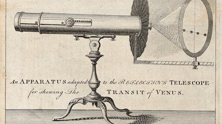 Wood engraving of an antique telescope on an elaborate lamp stand-like stand, at horizontal, pointing to the right. It is captioned, “An apparatus adapted to the reflecting telescope for shewing the transit of Venus.”