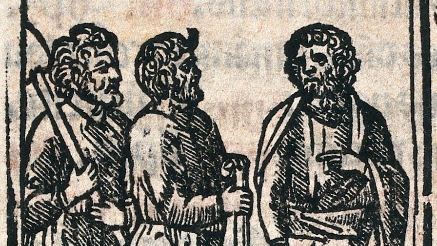 <span class='font-bold'>Three</span> men standing. Woodcut