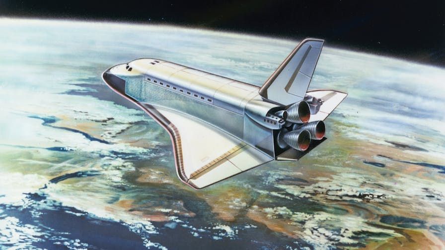 1970s painting of a rocket ship flying over Earth (the angle suggests it may be orbiting)
