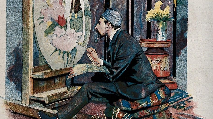 A seated artist painting at his easel. Process print after A.F.M. Gorguet